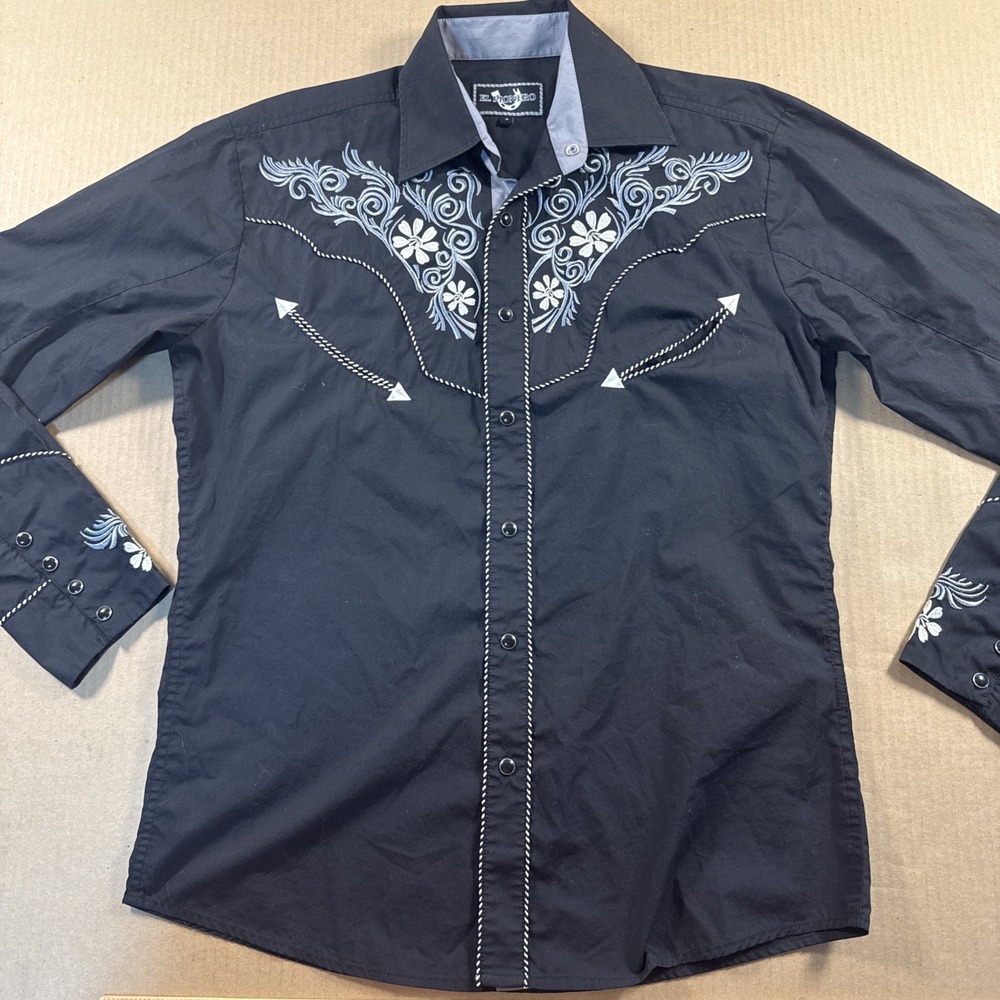 El Pionero Men's Small Western Shirt Black Embroidered Floral Snap Button Down